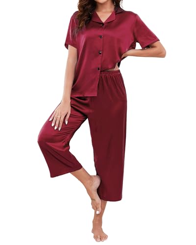 Reliwel Schlafanzug Damen Seide Pyjama Set mit Knopf Zweiteiler Satin Hausanzug Top Kurzarm und 3/4 Lang Pyjamahose Loungewear Freizeitanzug für Sommer von Reliwel