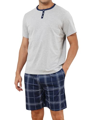 Reliwel Schlafanzug Herren Kurz Baumwolle Pyjama Herren Knöpfen Kurzarm T-Shirt und Kariert Pyjamahose Shorty Sommer Nachtwäsche Männer Set von Reliwel