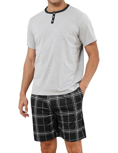 Reliwel Schlafanzug Herren Kurz Pyjama Herren Baumwolle mit Knopfleiste Kurzarm T-Shirt und Kariert Pyjamahose Shorty Sommer Schlafanzüge Männer Nachtwäsche Zweiteilig Set Schwarz, M von Reliwel
