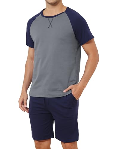 Reliwel Schlafanzug Herren Kurz aus Baumwolle Sommer Pyjama Set Nachtwäsche Raglan Kurzarm Oberteil und Shorty Schlafanzughose Hausanzug Sleepwear Blau Grau, M von Reliwel