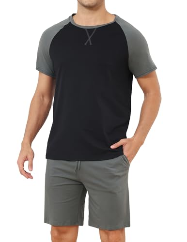 Reliwel Schlafanzug Herren Kurz Baumwolle Raglan Shorty Pyjama Rundhals Kurzarm T-Shirt und Pyjamahose Zweiteilig Set Sommer Nachtwäsche Freizeitanzug Männer Sleepwear von Reliwel