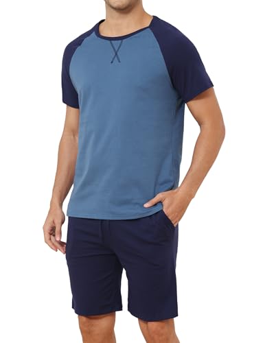 Reliwel Schlafanzug Herren Kurz Baumwolle Sommer Shorty Pyjama Herren Zweiteiliger Set Raglan Kurzarm T-Shirt und Pyjamahose Nachtwäsche Freizeitanzug Männer Sleepwear von Reliwel