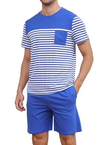 Reliwel Schlafanzug Herren Kurz aus Baumwolle Kontraststreifen Design Sommer Pyjama Herren Rundhals Kurzarm Oberteil und Schlafanzughose mit Tasche Nachtwäsche Hausanzug Sleepwear von Reliwel