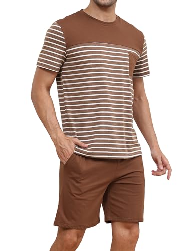 Reliwel Schlafanzug Herren Kurz aus Baumwolle Kontraststreifen Design Sommer Pyjama Herren Rundhals Kurzarm Oberteil und Schlafanzughose mit Tasche Nachtwäsche Hausanzug Sleepwear von Reliwel