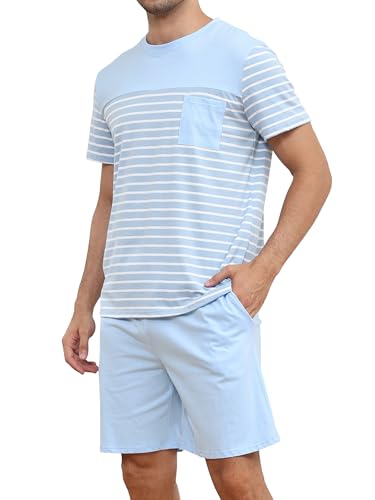 Reliwel Schlafanzug Herren Kurz aus Baumwolle Kontraststreifen Design Sommer Pyjama Herren Rundhals Kurzarm Oberteil und Schlafanzughose mit Tasche Nachtwäsche Hausanzug Sleepwear von Reliwel