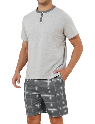 Reliwel Schlafanzug Herren Kurz Pyjama Herren Baumwolle mit Knopfleiste Kurzarm T-Shirt und Kariert Pyjamahose Shorty Sommer Schlafanzüge Männer Nachtwäsche Zweiteilig Set Grau, XL von Reliwel