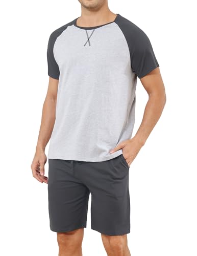 Reliwel Schlafanzug Herren Kurz Shorty Pyjama Herren Sommer Baumwolle Nachtwäsche Set mit Kontrastfarbenes Design Kurzarm Männer Schlafanzüge Grau, XL von Reliwel