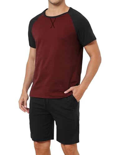 Reliwel Schlafanzug Herren Kurz Shorty Pyjama Herren Sommer Baumwolle Nachtwäsche Set mit Kontrastfarbenes Design Kurzarm Männer Schlafanzüge Rotwein, S von Reliwel