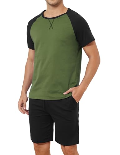 Reliwel Schlafanzug Herren Kurz Shorty Pyjama Herren Sommer Baumwolle Nachtwäsche Set mit Kontrastfarbenes Design Kurzarm Männer Schlafanzüge Schwarz Grün, XL von Reliwel