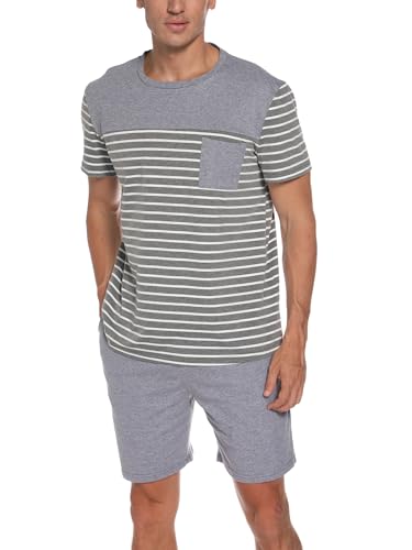 Reliwel Schlafanzug Herren Kurz Zweiteiliger Baumwolle Pyjama Set Sommer Rundhals T-Shirt und Schlafshorts mit Tasche Männer Weich Hausanzug Sleepwear Nachtwäsche von Reliwel