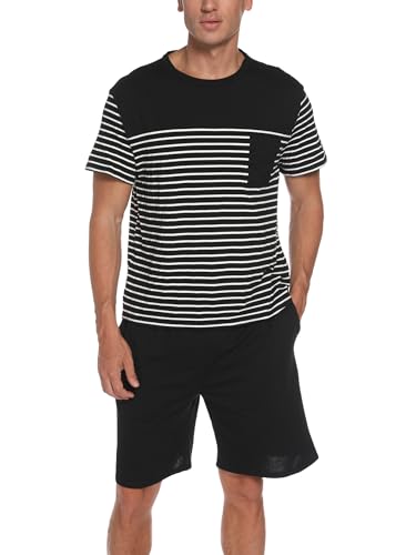 Reliwel Schlafanzug Herren Kurz Zweiteiliger Baumwolle Pyjama Set Sommer Shorty Nachtwäsche Rundhals T-Shirt und Schlafanzughose mit Tasche Männer Weich Hausanzug Sleepwear von Reliwel