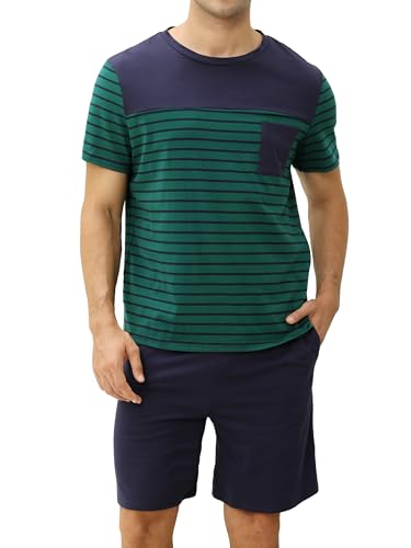 Reliwel Schlafanzug Herren Kurz aus Baumwolle Kontraststreifen Design Sommer Pyjama Herren Rundhals Kurzarm Oberteil und Schlafanzughose mit Tasche Nachtwäsche Hausanzug Sleepwear von Reliwel