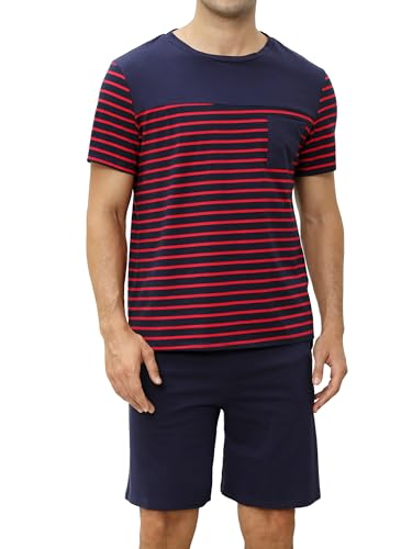 Reliwel Schlafanzug Herren Kurz aus Baumwolle Kontraststreifen Design Sommer Pyjama Herren Rundhals Kurzarm Oberteil und Schlafanzughose mit Tasche Nachtwäsche Hausanzug Sleepwear von Reliwel