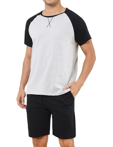 Reliwel Schlafanzug Herren Kurz aus Baumwolle Sommer Pyjama Set Nachtwäsche Raglan Kurzarm Oberteil und Shorty Schlafanzughose Hausanzug Sleepwear Hellgrau, XXL von Reliwel