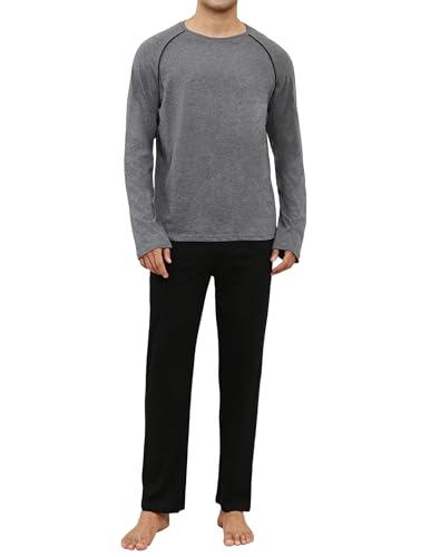 Reliwel Schlafanzug Herren Lang Baumwolle Pyjama Set Winter Zweiteilige Nachtwäsche Männer - Raglan Langarm Shirt & Schlafanzughose mit Taschen Dunkelgrau mit Schwarz, XL von Reliwel