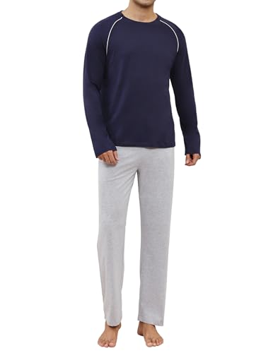 Reliwel Schlafanzug Herren Lang Baumwolle Pyjama Set Winter Zweiteilige Nachtwäsche Männer - Raglan Langarm Shirt & Schlafanzughose mit Taschen Marineblau mit Hellgrau, M von Reliwel