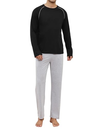 Reliwel Schlafanzug Herren Lang Baumwolle Pyjama Set Winter Zweiteilige Nachtwäsche Männer - Raglan Langarm Shirt & Schlafanzughose mit Taschen Schwarz mit Hellgrau, M von Reliwel