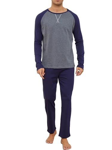 Reliwel Schlafanzug Herren Lang Baumwolle Pyjama Herren Zweiteiliges Set Raglan Langarm Shirt & Schlafanzughose mit Tasche Nachtwäsche Männer Hausanzug Sleepwear von Reliwel