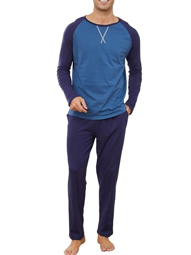 Reliwel Schlafanzug Herren Lang Pyjama Baumwolle Zweiteiliger Loungewear Rundhals Langarm Oberteil und Schlafanzughose mit Tasche Männer Hausanzug Sleepwear Nachtwäsche von Reliwel