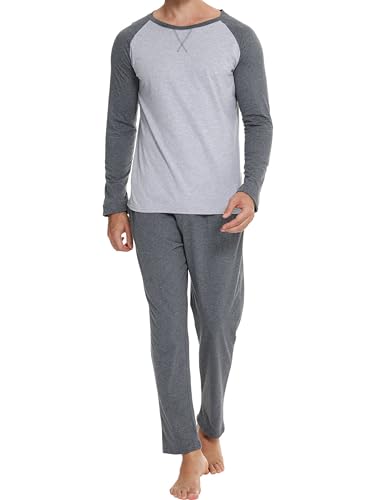 Reliwel Schlafanzug Herren Lang Pyjama Baumwolle Zweiteiliger Loungewear Rundhals Langarm Oberteil und Schlafanzughose mit Tasche Männer Hausanzug Sleepwear Nachtwäsche von Reliwel