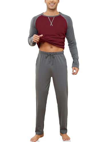 Reliwel Schlafanzug Herren Lang Baumwolle Pyjama Herren Zweiteiliges Set Raglan Langarm Shirt & Schlafanzughose mit Tasche Nachtwäsche Männer Hausanzug Sleepwear von Reliwel