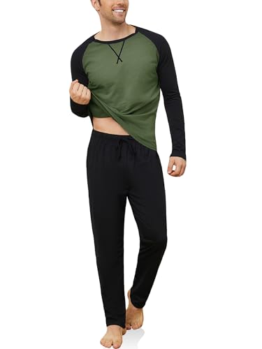 Reliwel Schlafanzug Herren Lang Pyjama Baumwolle Zweiteiliges Nightwear Set Rundhals Oberteil und Pyjamahose mit Tasche Männer Hausanzug Sleepwear Nachtwäsche von Reliwel