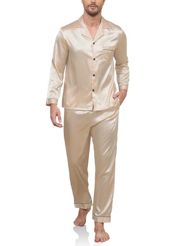 Reliwel Schlafanzug Herren Lang Satin Pyjama Set Zweiteiliger Langarm Ärmel Knopfleiste Hausanzug und Pyjamahose Seidenpyjama Nachtwäsche Männer Hausanzug Sleepwear Loungewear von Reliwel