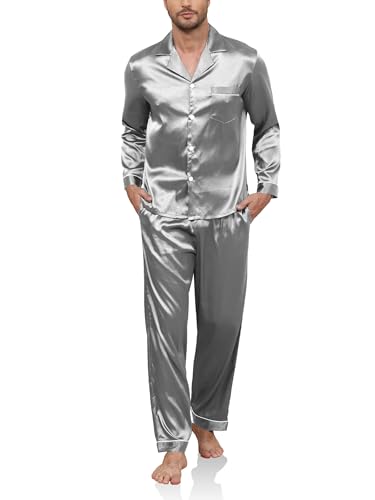 Reliwel Schlafanzug Herren Lang Satin Pyjama Set Zweiteiliger Langarm Ärmel Knopfleiste Hausanzug und Pyjamahose Seidenpyjama Nachtwäsche Männer Hausanzug Sleepwear Loungewear von Reliwel