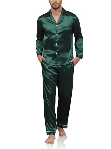 Reliwel Schlafanzug Herren Lang Satin Pyjama Set Zweiteiliger Langarm Ärmel Knopfleiste Hausanzug und Pyjamahose Seidenpyjama Nachtwäsche Männer Hausanzug Sleepwear Loungewear von Reliwel