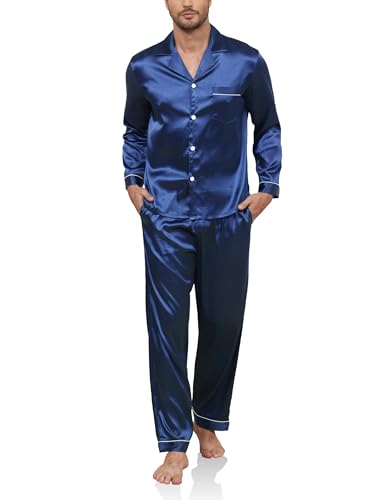 Reliwel Schlafanzug Herren Lang Satin Pyjama Set Zweiteiliger Langarm Ärmel Knopfleiste Hausanzug und Pyjamahose Seidenpyjama Nachtwäsche Männer Hausanzug Sleepwear Loungewear von Reliwel