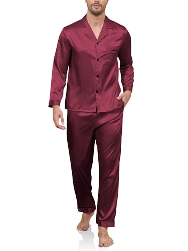 Reliwel Schlafanzug Herren Lang Satin Pyjama Set Zweiteiliger Langarm Ärmel Knopfleiste Hausanzug und Pyjamahose Seidenpyjama Nachtwäsche Männer Hausanzug Sleepwear Loungewear von Reliwel