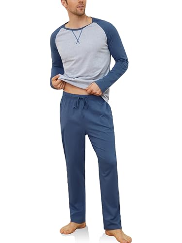 Reliwel Schlafanzug Herren Lang Baumwolle Pyjama Herren Zweiteiliges Set Raglan Langarm Shirt & Schlafanzughose mit Tasche Nachtwäsche Männer Hausanzug Sleepwear von Reliwel