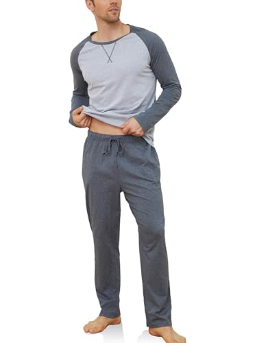 Reliwel Schlafanzug Herren Lang Baumwolle Pyjama Herren Zweiteiliges Set Raglan Langarm Shirt & Schlafanzughose mit Tasche Nachtwäsche Männer Hausanzug Sleepwear von Reliwel