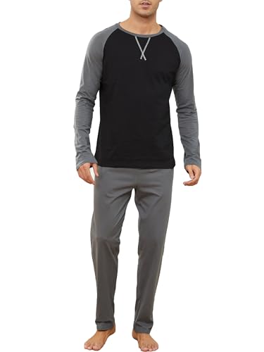 Reliwel Schlafanzug Herren Lang Baumwolle Pyjama Herren Zweiteiliges Set Raglan Langarm Shirt & Schlafanzughose mit Tasche Nachtwäsche Männer Hausanzug Sleepwear von Reliwel