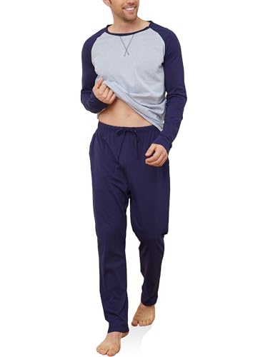 Reliwel Schlafanzug Herren Lang Baumwolle Pyjama Herren Zweiteiliges Set Raglan Langarm Shirt & Schlafanzughose mit Tasche Nachtwäsche Männer Hausanzug Sleepwear von Reliwel