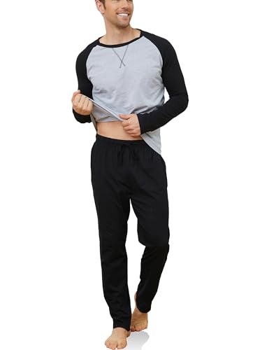 Reliwel Schlafanzug Herren Lang Baumwolle Pyjama Herren Zweiteiliges Set Raglan Langarm Shirt & Schlafanzughose mit Tasche Nachtwäsche Männer Hausanzug Sleepwear von Reliwel
