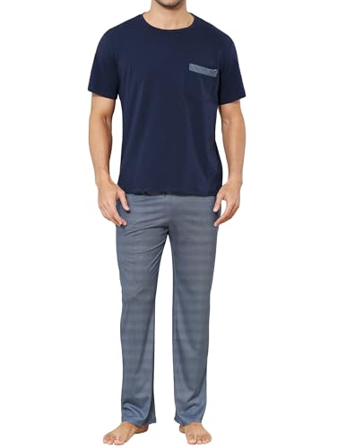Reliwel Schlafanzug Herren Kurz Baumwolle Zweiteilige Pyjama Herren Kurzarm Shirt und Lange Pyjamahose Loungewear Nachtwäsche für Männer Navy blau, XXL von Reliwel