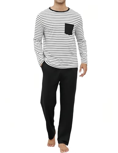 Reliwel Schlafanzug Herren Lang aus Baumwolle Zweiteiliger Pyjama Herren Winter Nightwear Set Nachtwäsche Hausanzug Langarm Shirt & Schlafanzughose, Streifen Design Schwarz, L von Reliwel