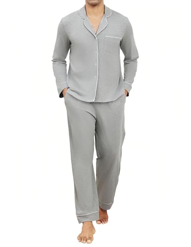 Reliwel Schlafanzug Herren Lang mit Knopfleiste Baumwolle V-Ausschnitt Zweiteiliger Pyjama Set Langarm Shirt und Schlafhose Loungewear Männer Nachtwäsche Hausanzug Grau, L von Reliwel