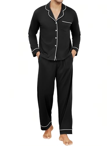 Reliwel Schlafanzug Herren Lang mit Knopfleiste Baumwolle V-Ausschnitt Zweiteiliger Pyjama Set Langarm Shirt und Schlafhose Loungewear Männer Nachtwäsche Hausanzug Schwarz, L von Reliwel