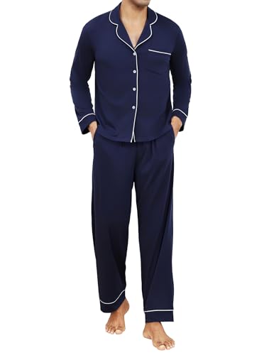 Reliwel Schlafanzug Herren lang mit Knopfleiste Baumwolle Zweiteiliger Pyjama Set Herrenschlafanzug Langarm Loungewear Männer Nachtwäsche Hausanzug Marineblau, L von Reliwel
