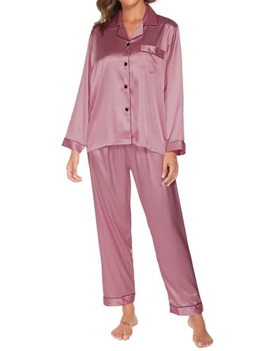 Satin Schlafanzug Damen Langarm Pyjama Set mit Knopfleiste V-Ausschnitt Zweiteiliger Nachtwäsche Weiche Seiden Pyjamas Klassische Loungewear Hausanzug Pjs Tiefes Rosa, XXL von Reliwel