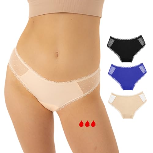 Relixa Periodenunterschwäsche mit Spitze perioden Unterhosen Damen und Mädchen Perioden Slip Damen Menstruationsunterwäsche Period Underwear, 1 schwarz 1 blau 1 beige, Spitze, L von Relixa