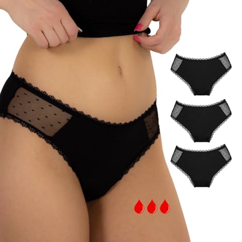 Relixa Periodenunterschwäsche mit Spitze perioden Unterhosen Damen und Mädchen Perioden Slip Damen Menstruationsunterwäsche Period Underwear, 3 schwarz, Spitze, 4XL von Relixa