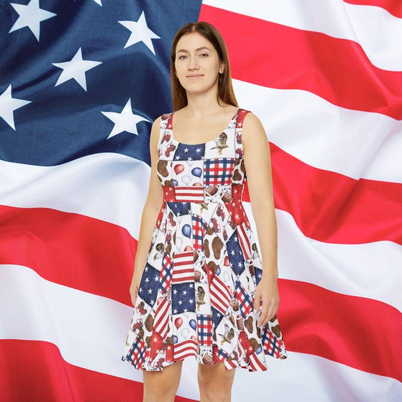 Patriot Patchwork Skater Dress, Usa Flag Patriotic 4Th Of July Labor Day, Summer Formal Dress von RelleFromTheBlog