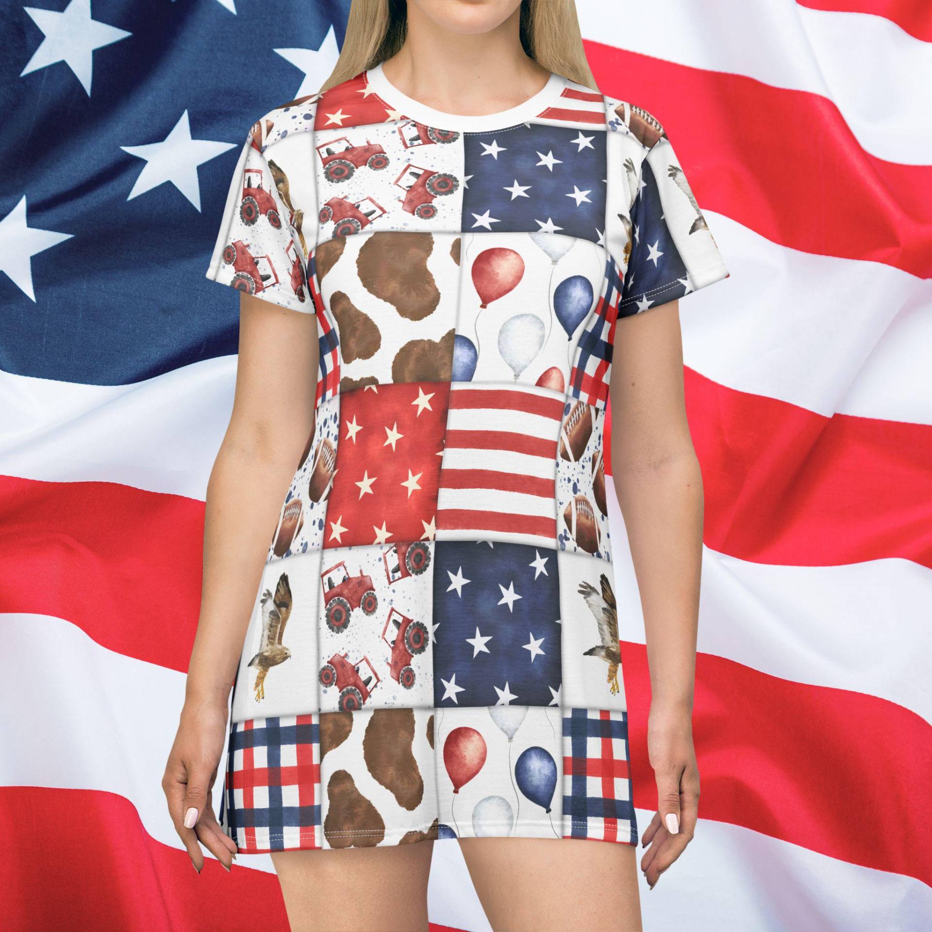 Patriot Patchwork T-Shirt Dress, Usa, Usa Florida, Patriotic 4Th Of July Labor Day, Summer All Over Print von RelleFromTheBlog