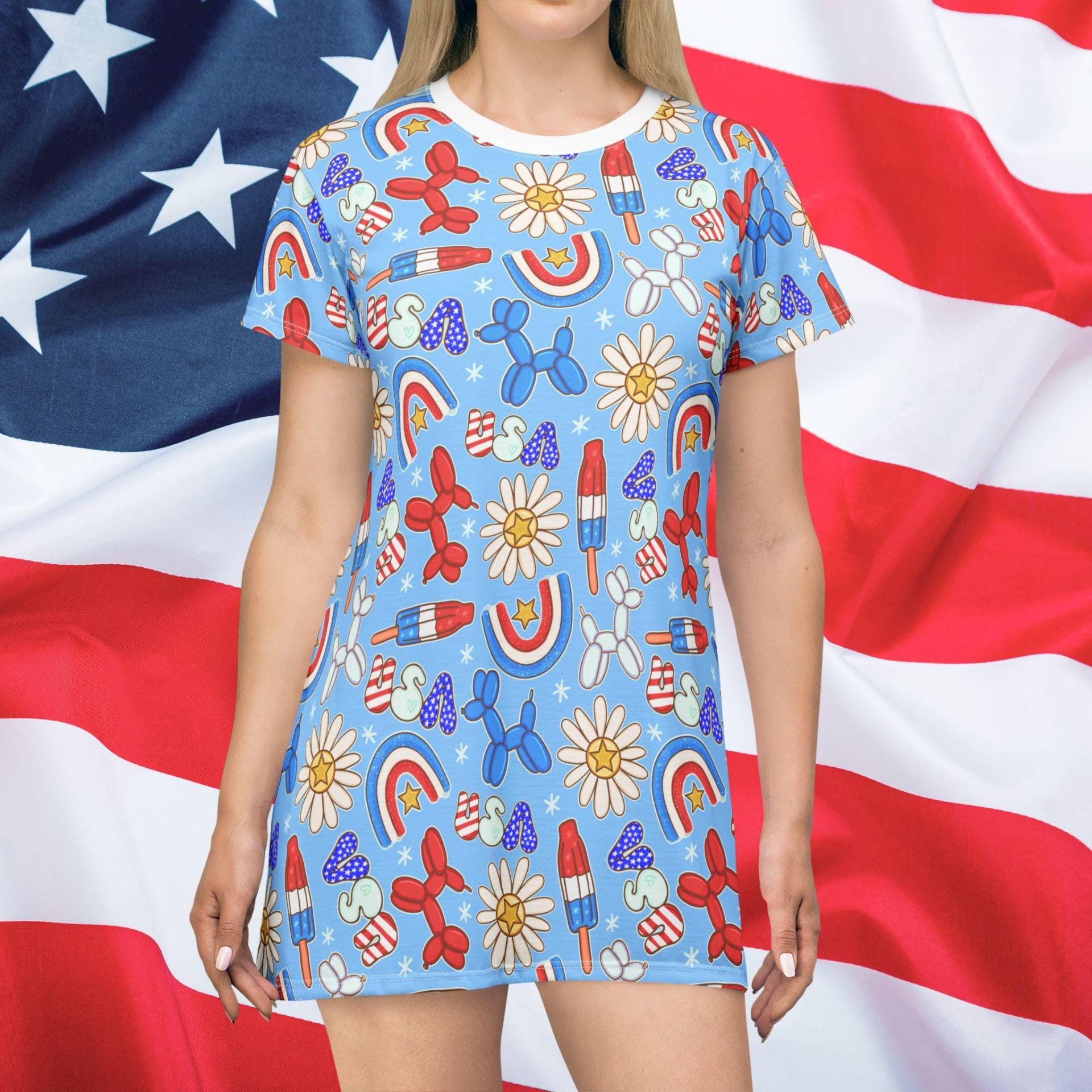 Sunny Celebrations T-Shirt Dress, Usa, Usa Florida, Patriotic 4Th Of July Labor Day, Summer All Over Print von RelleFromTheBlog