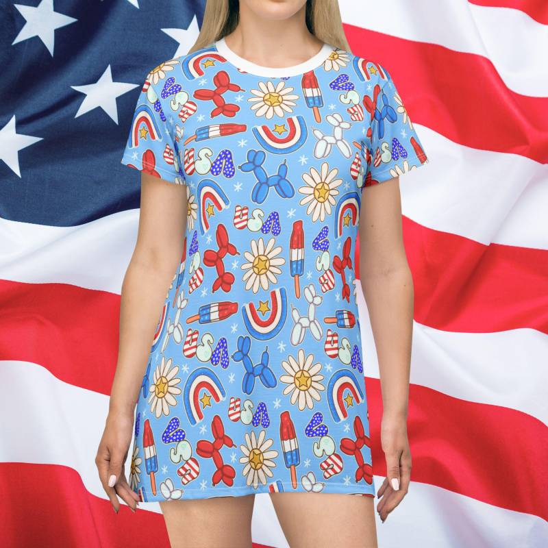 Sunny Celebrations T-Shirt Dress, Usa, Usa Florida, Patriotic 4Th Of July Labor Day, Summer All Over Print von RelleFromTheBlog