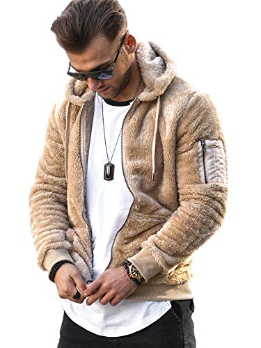 Rello & Reese Herren Fleecejacke Teddy-Fell Jacke Hoodie mit Kapuze Fleece Sweatjacke [Beige, L] von Rello & Reese