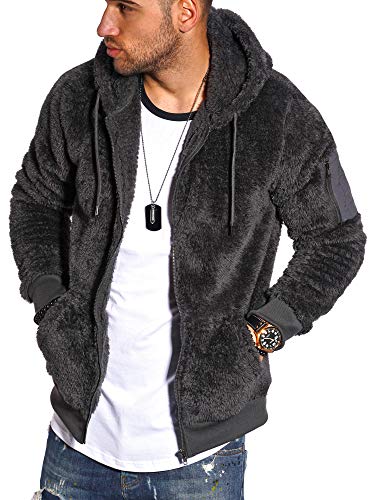 Rello & Reese Herren Fleecejacke Teddy-Fell Jacke Hoodie mit Kapuze Fleece Sweatjacke [Dunkelgrau, L] von Rello & Reese